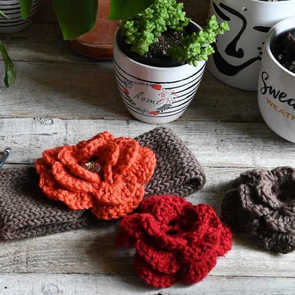 new hand made knit headband earwarmer for child crochet interchangeable flowers - Picture 2 of 6
